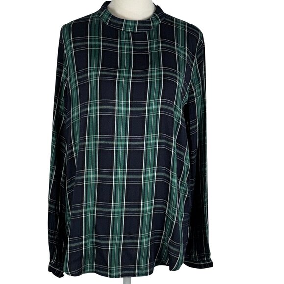LOFT Green & Navy Blue Plaid Blouse Size Small - Picture 1 of 11